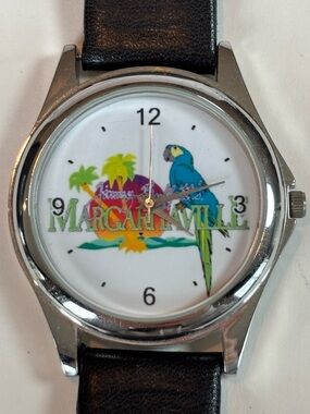 Margaritaville Parrot Watch Tropical Island Dial Black Leather Strap